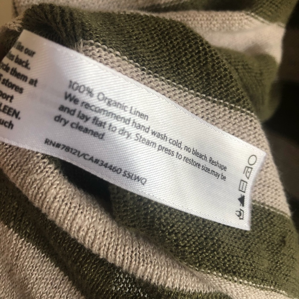 Eileen Fisher Olive Green and Cream Organic Linen Striped Lightweight Sweater - Picture 5 of 7
